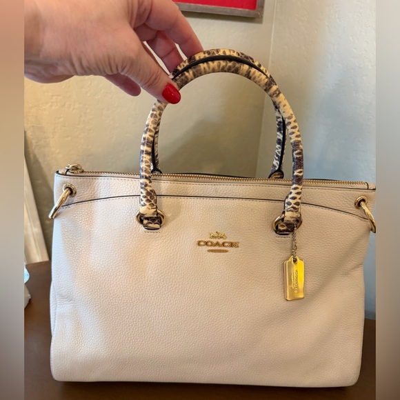 Coach Handbags - Coach Cream Mia Satchel with Animal Print Handles and Crossbody Strap